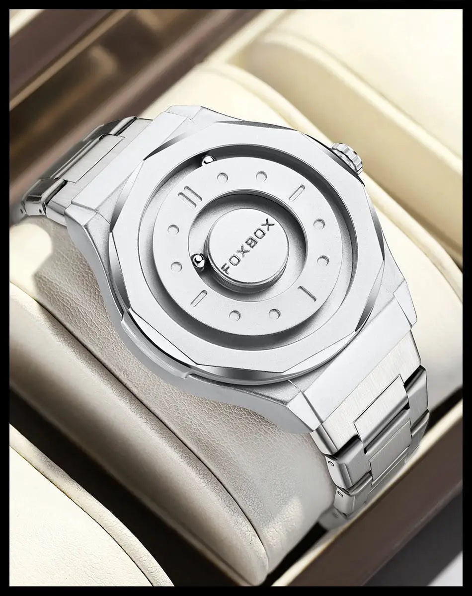 FOXBOX men's stainless steel watch with bracelet on a cushioned display inside a box