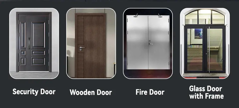 KAK hydraulic door closer; 25-80 kg, adjustable speed, mute soft close; four door types shown.