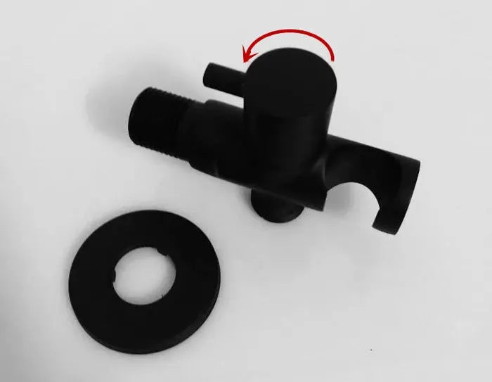Black handheld bidet shower valve with rotating knob and circular washer