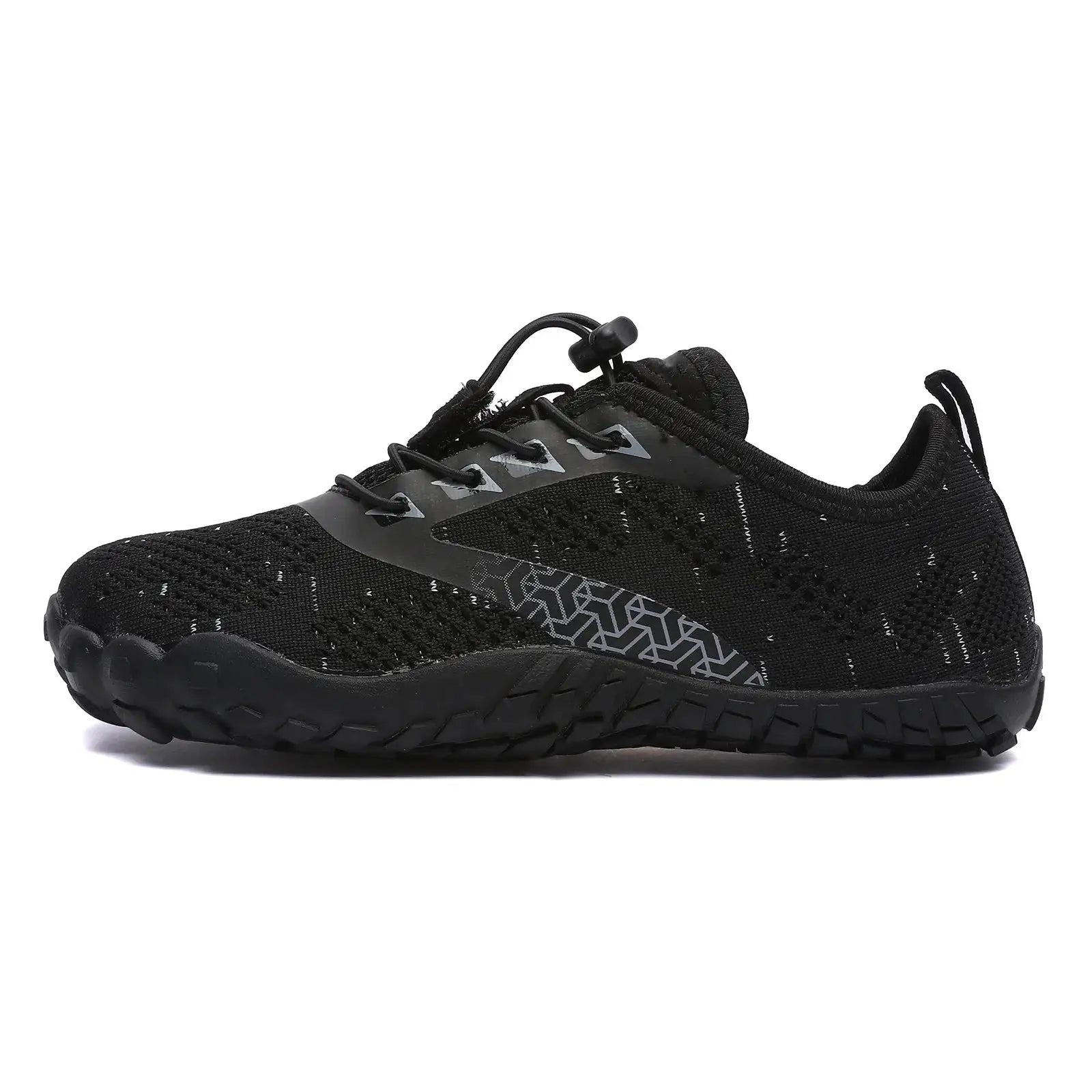 Men's black trail running shoe with knit mesh upper, gray geometric midsole pattern, and rugged outsole.