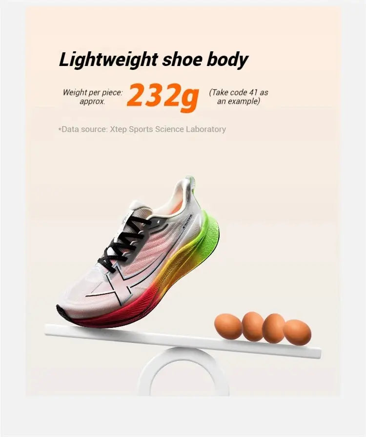 Xtep men's running shoes with white upper and colorful gradient midsole, balancing on a bar beside eggs.