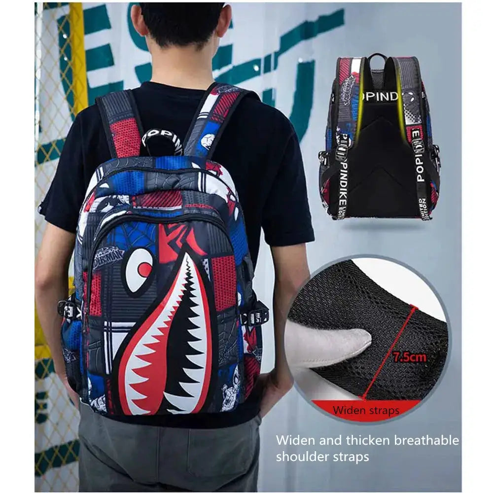 Backpack elementary school bookbag with cartoon shark print; colorful blue, red, and black design by Simples Market