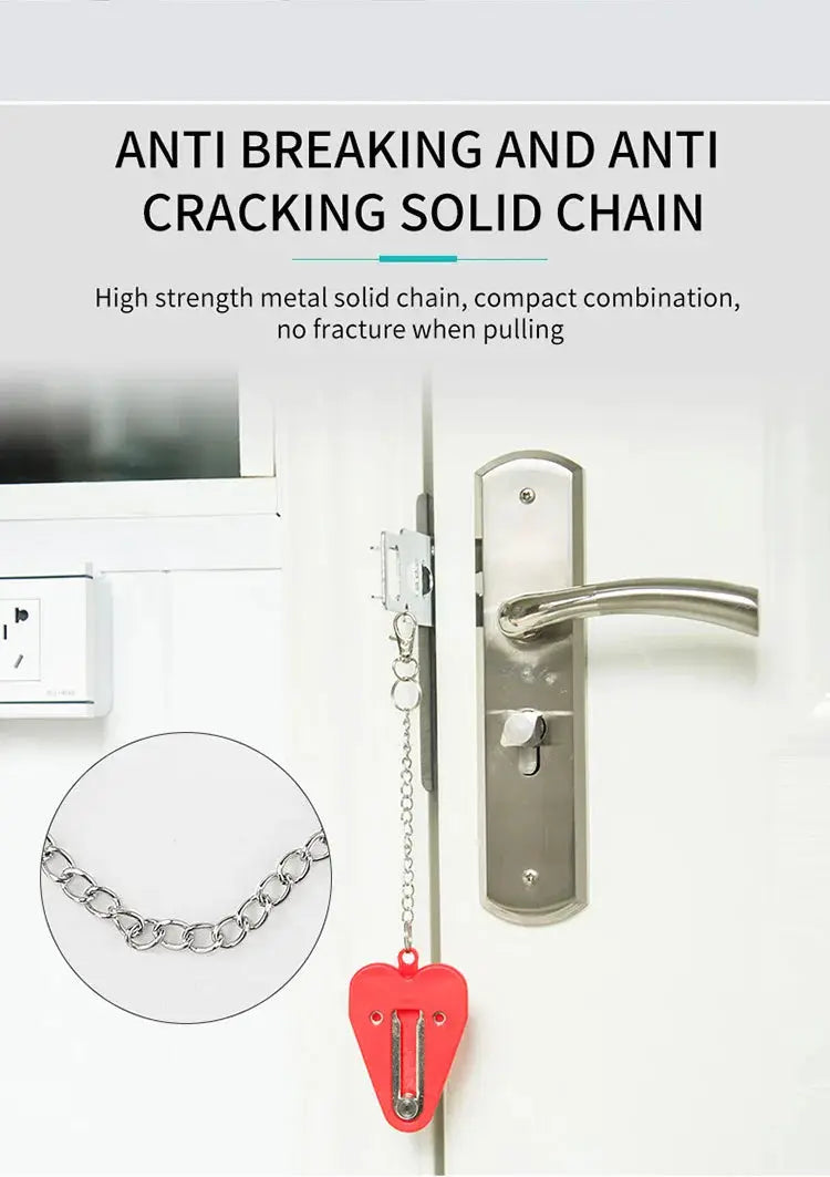 Security portable door lock latch by Simples Market with metal chain and red heart-shaped safety lock on white door.