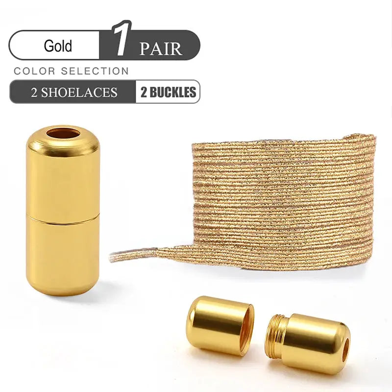 No-tie elastic gold shoelace kit with 2 buckles and storage capsule