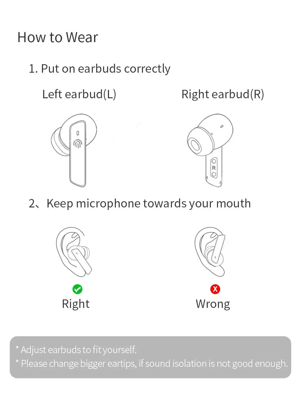 QCY HT05 ANC wireless earphones instruction sheet showing left/right earbuds and correct microphone placement
