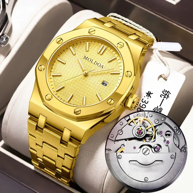 Men's gold-tone watch with textured dial, date window, and stainless steel bracelet; exposed movement inset.