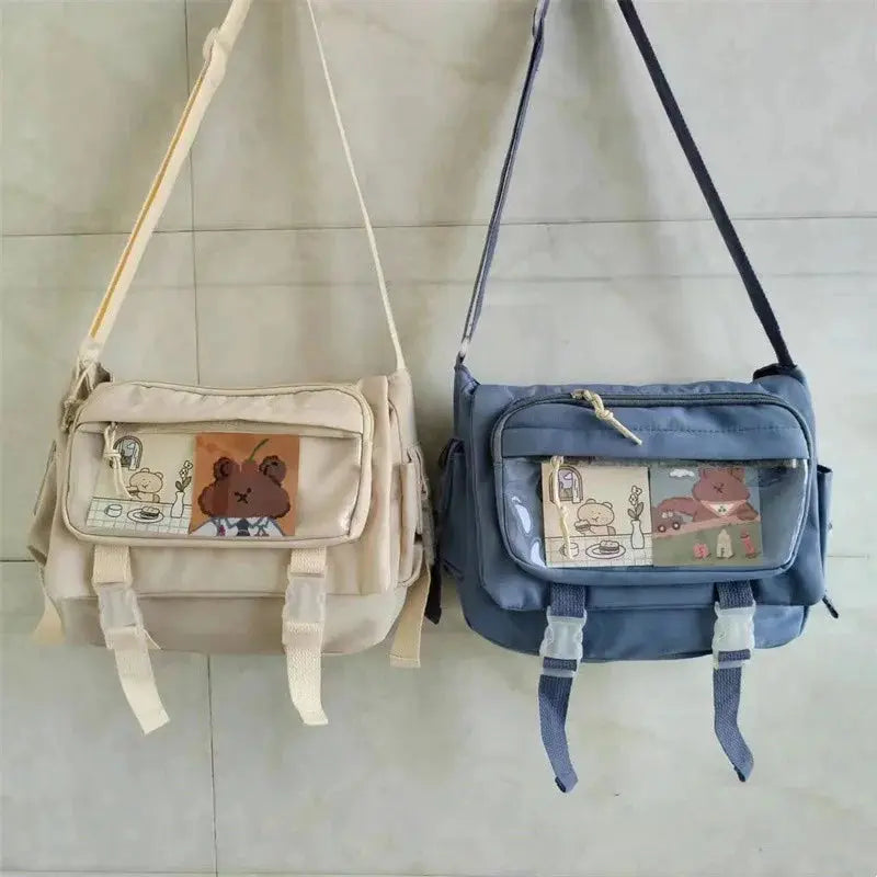 Two Simples Market crossbody canvas bags, beige and blue, large-capacity with front cartoon patches