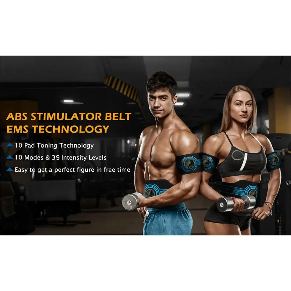 EMS belt massage set with blue circular pads on arms and abdomen worn by a man and woman in a gym