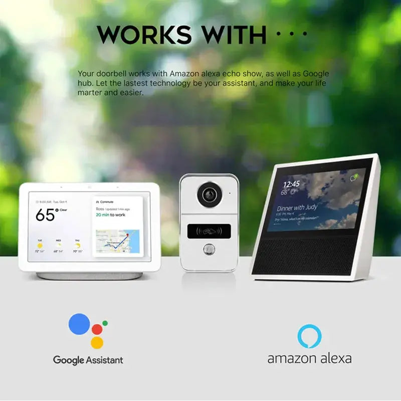 Tuya Smart 1080P white doorbell camera shown with three smart displays and Google Assistant/Amazon Alexa logos