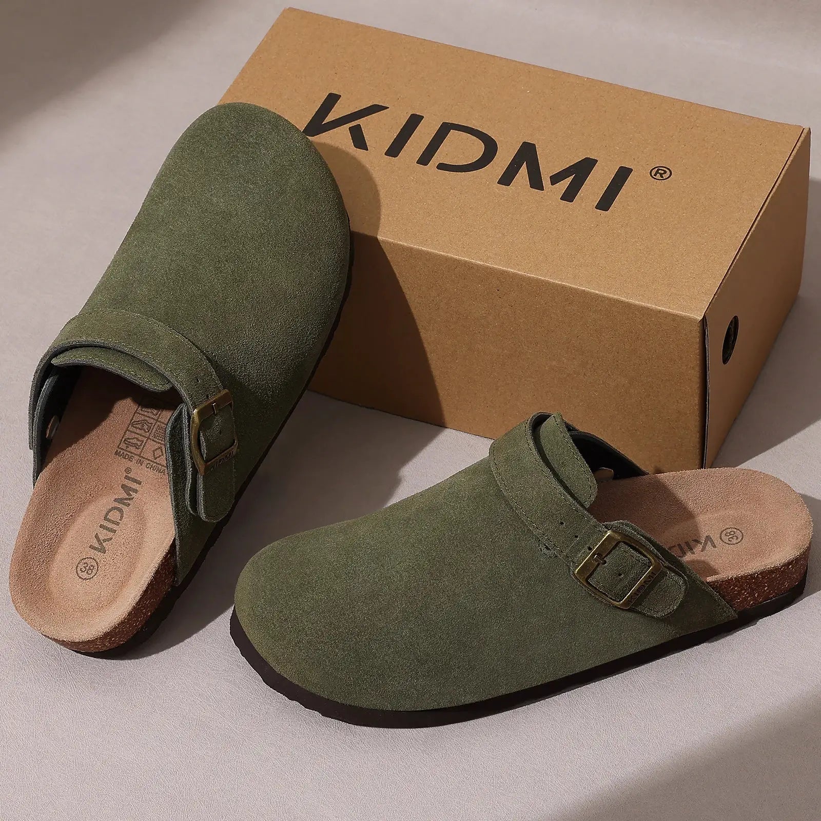 Litfun green suede women's clogs with adjustable strap cork footbed arch support Simples Market