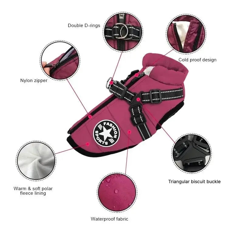 Large pink dog jacket with harness by Simples Market; waterproof fabric with warm fleece lining