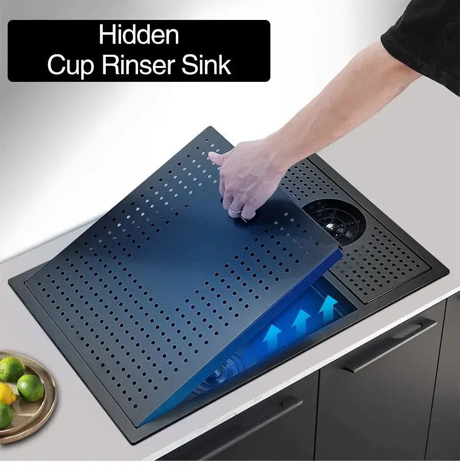 ASRAS Nano black hidden cup rinser sink cover with lifting faucet, single bowl by Simples Market