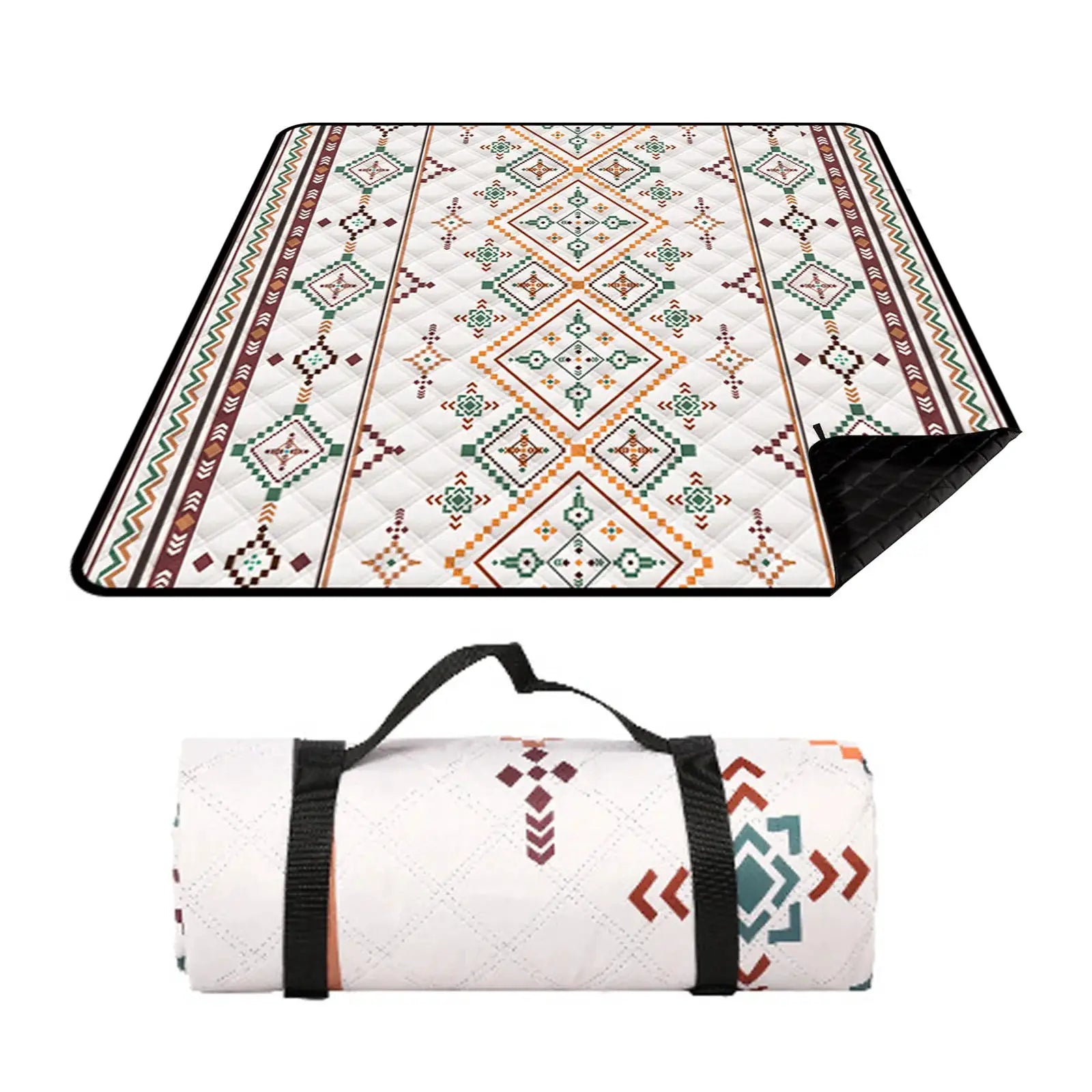 Waterproof picnic blanket 200x200 cm with colorful tribal geometric pattern and carrying handle