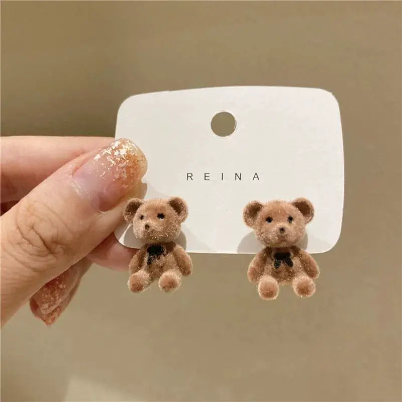 New Design Cute Flocking Plush Rabbit Stud Earrings For Women Korean Fashion Brown Jewelry Gift Party