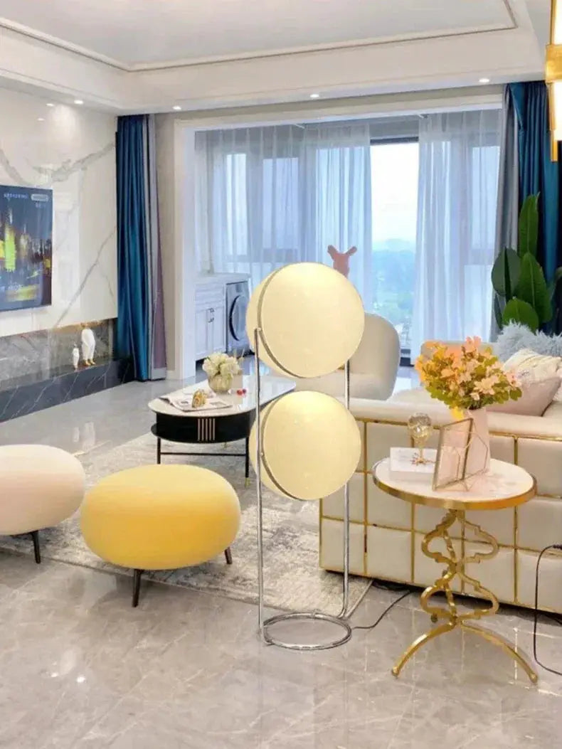 LED floor lamp with two white acrylic circular shades by Simples Market for living room decor