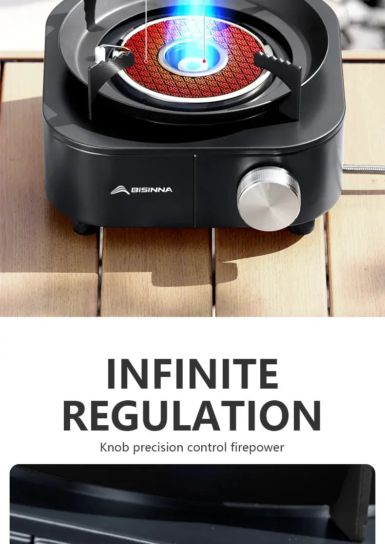 BISINNA portable infrared stove, black compact gas burner with silver control knob on wooden table