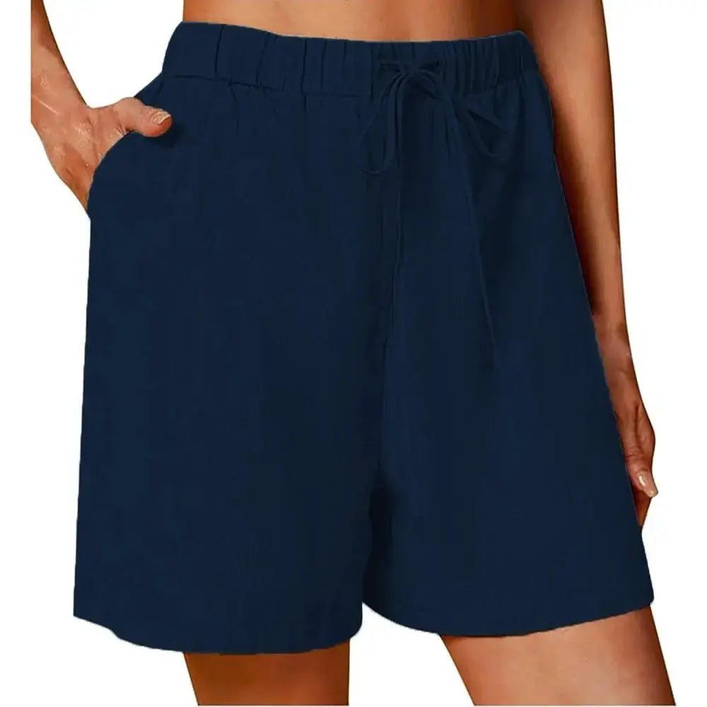 Women's navy blue cotton-linen drawstring shorts, loose-fit casual outdoor wear