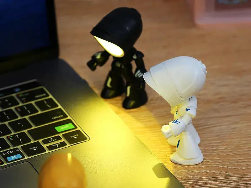 Two mini LED night-light desk lamps, cartoon hero police figures, white and black, Simples Market