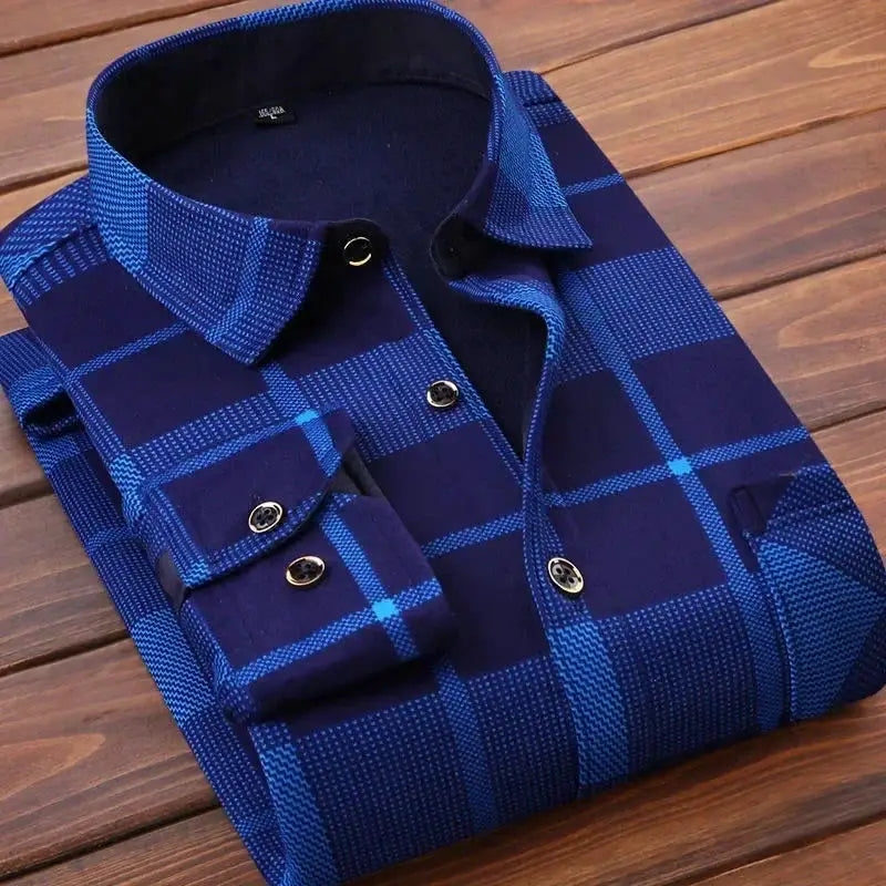 Men's blue plaid flannel shirt with long sleeves, thick warm casual dress shirt by Simples Market