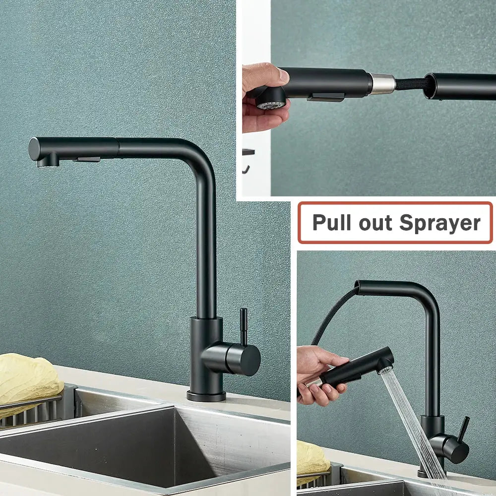 Rozin black pull-out kitchen faucet Simples Market with 360° rotation and dual spray