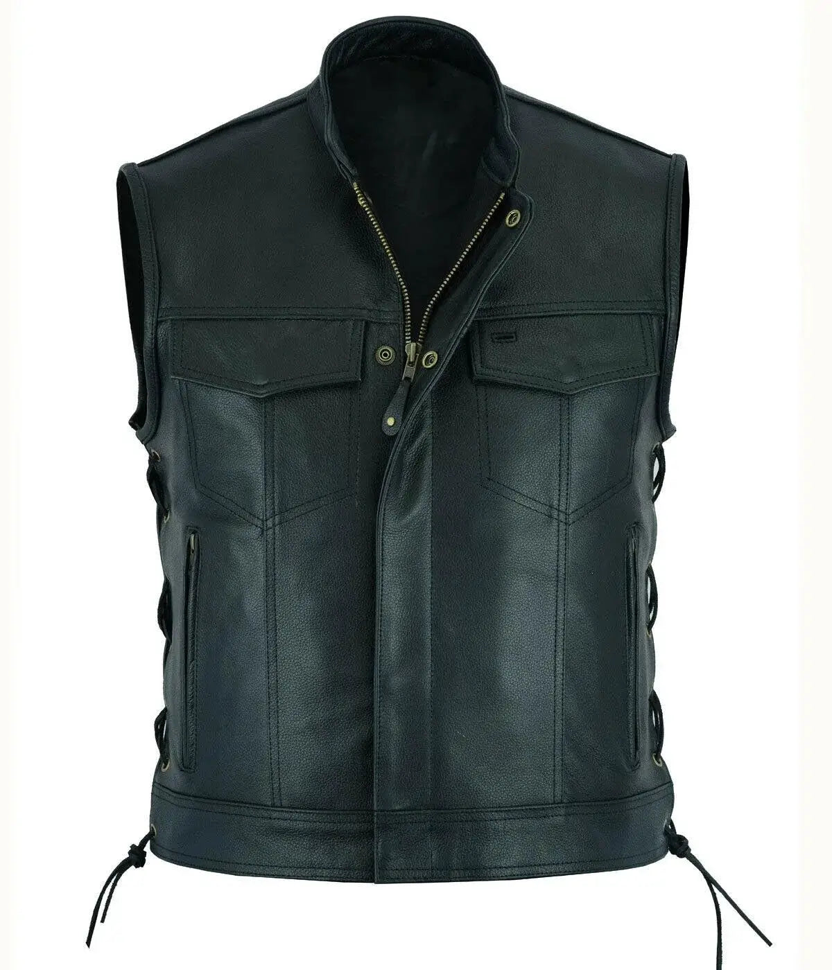 Simples Market leather motorcycle vest for men with zip front and flap pockets in black.