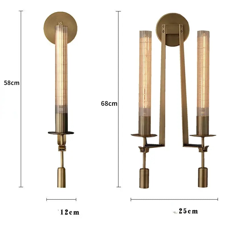 Copper brass modern wall sconce lamp by Simples Market; single 58 cm and double 68 cm glass-tube fixtures