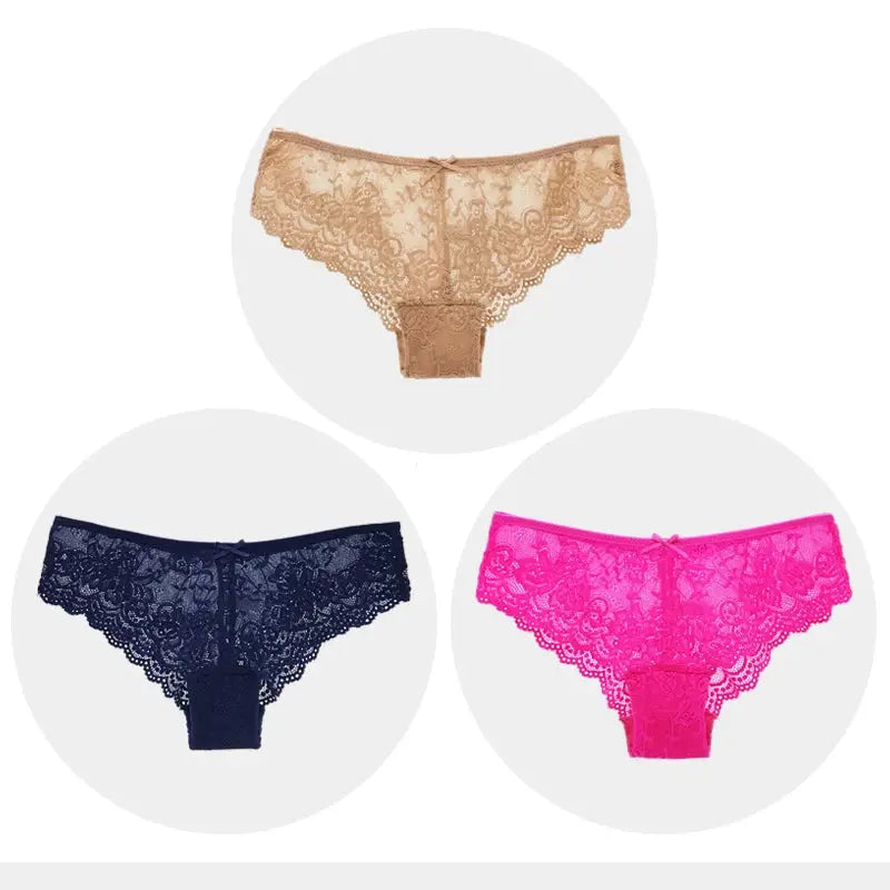 Women's lace briefs; 3-piece set in nude, navy, pink; low-rise, full lace.