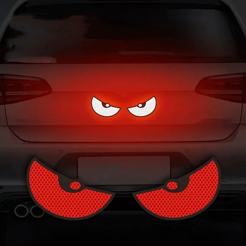 Simples Market 2pcs Reflective Devil Eye Car Stickers with red crescent bumper guards.