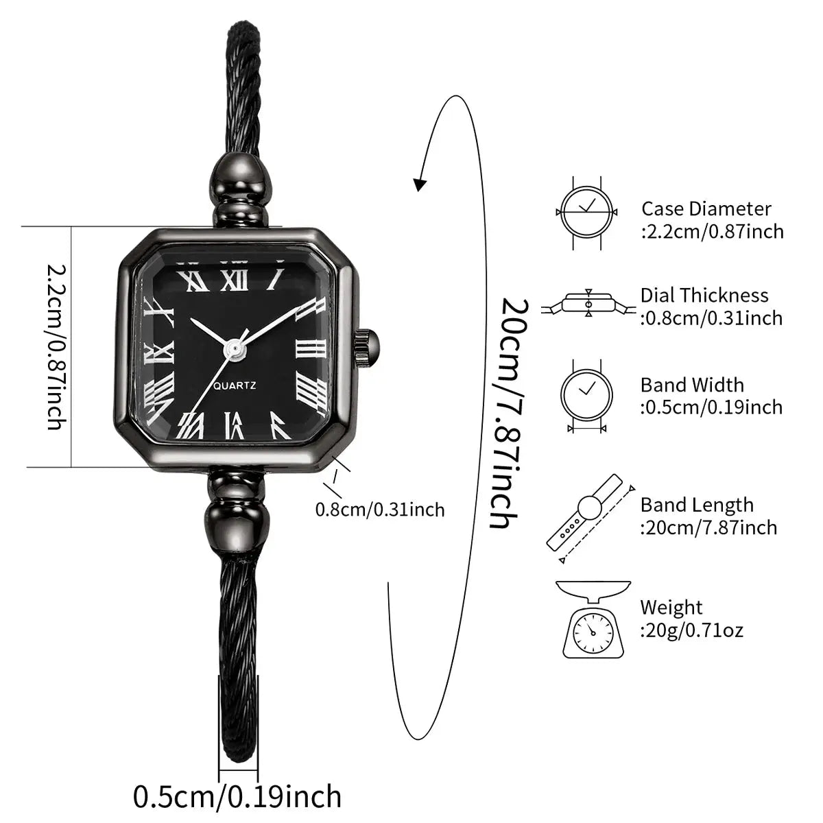 Simples Market women's black square Roma dial quartz watch with bracelet strap