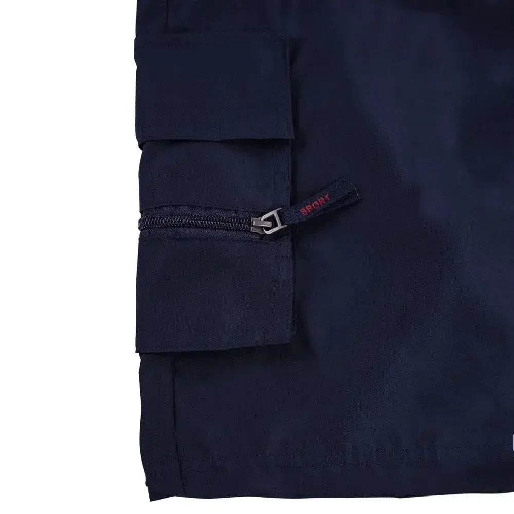 Cargo shorts, navy blue by Simples Market with zippered side pocket and flap cargo pocket