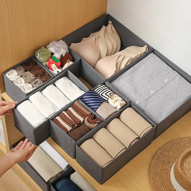 Simples Market fabric underwear storage box in grey with multiple drawer compartments for socks, underwear and bras.