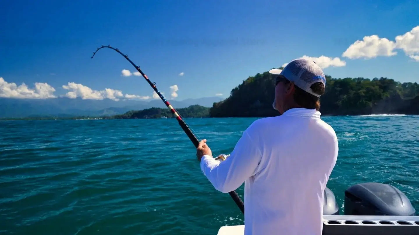 Men's white long-sleeve fishing shirt with UV protection