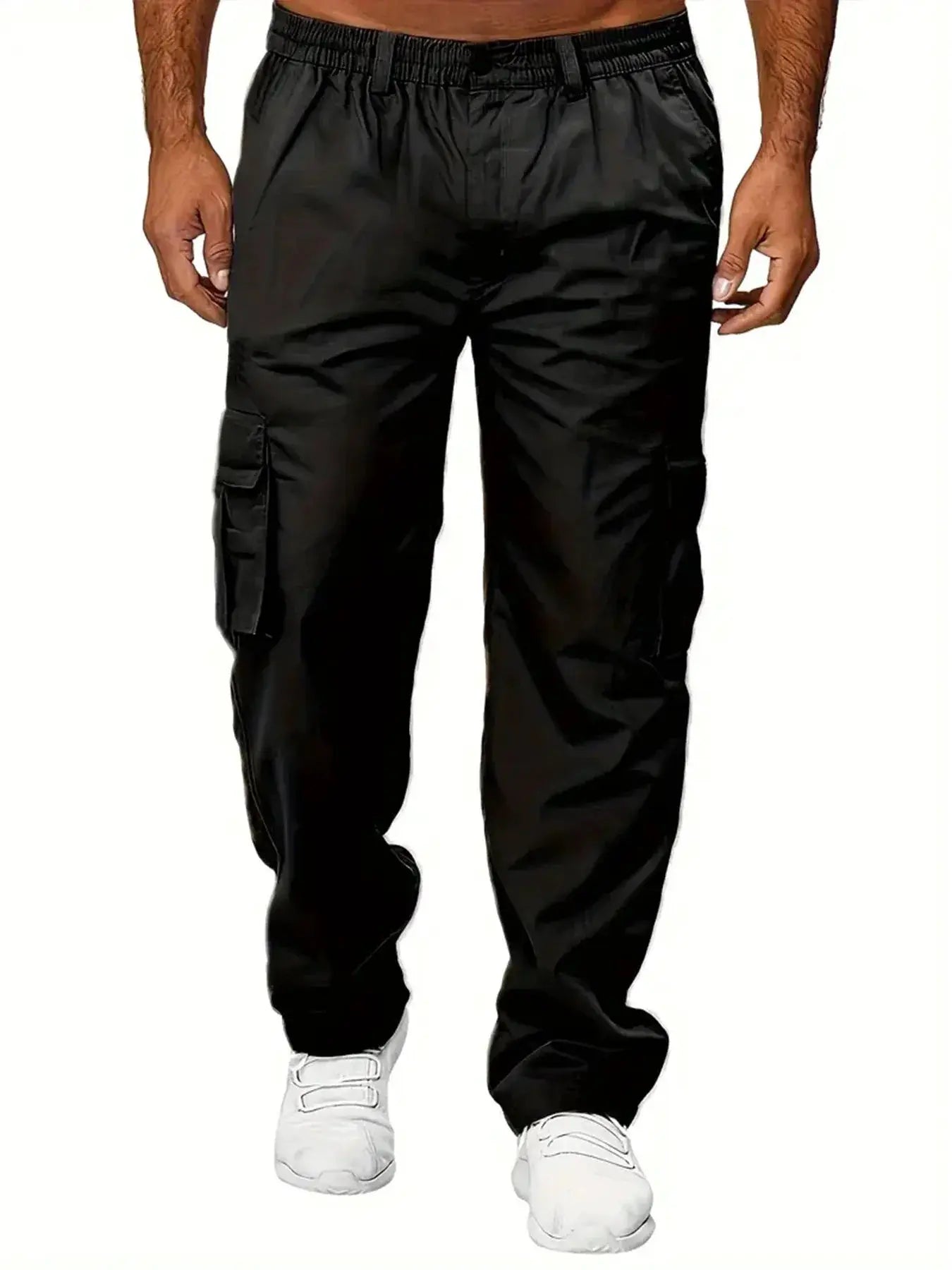 Men's cargo pants by Simples Market; black outdoor loose-fit straight-leg trousers with multiple utility pockets.