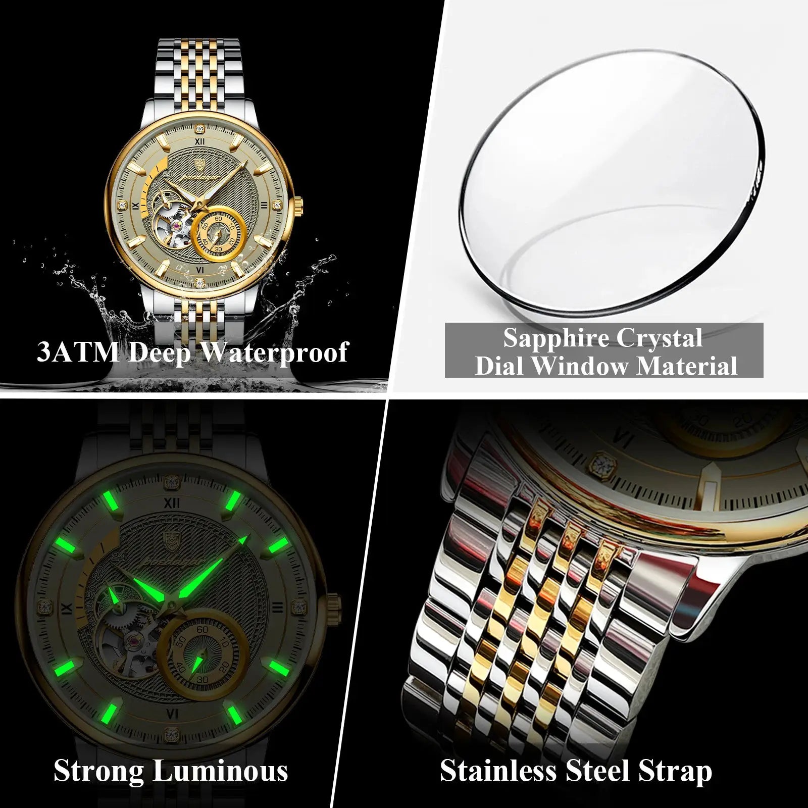 POEDAGAR luxury men's wristwatch with gold and silver stainless steel band and luminous skeleton tourbillon dial