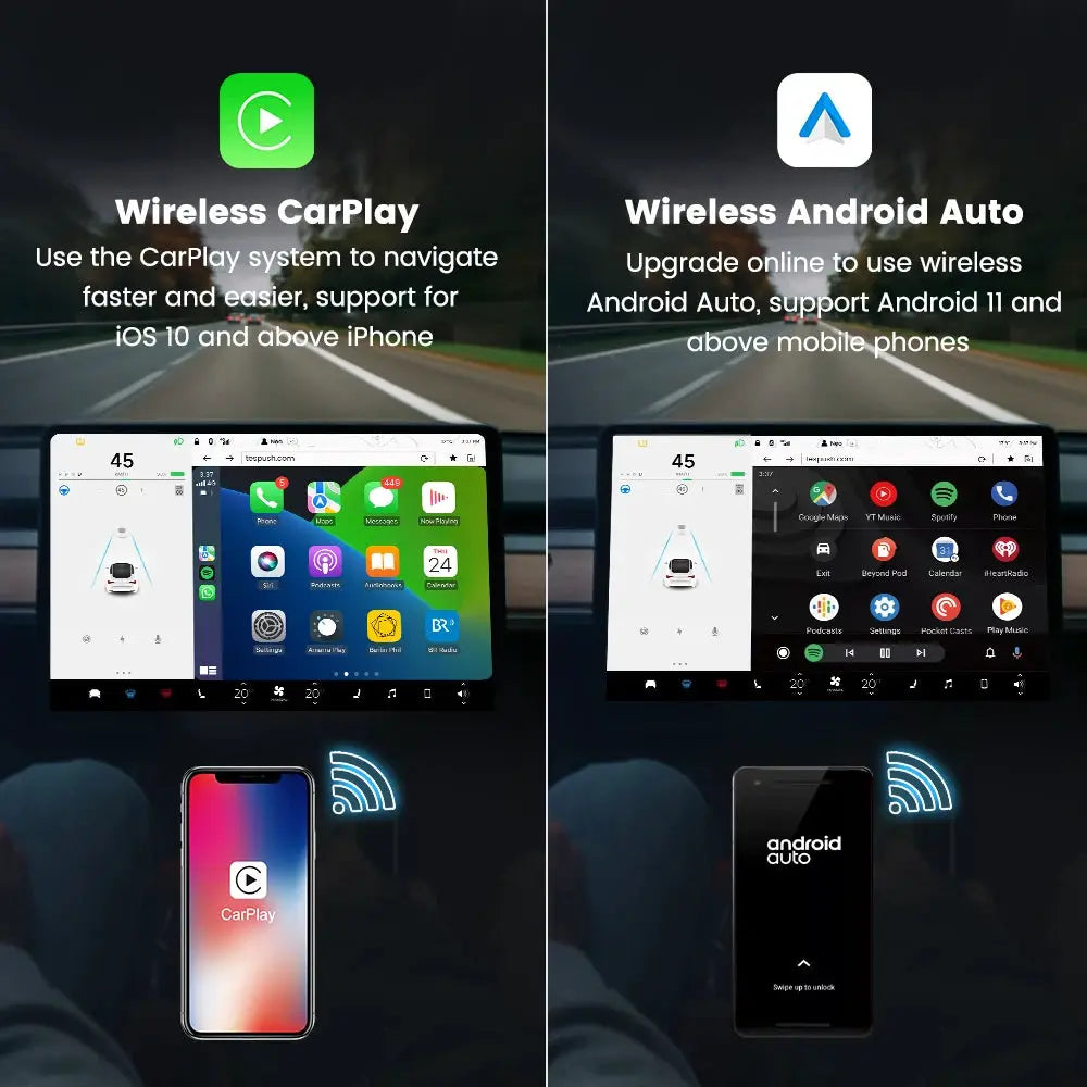 T2C CarlinKit Wireless CarPlay/Android Auto adapter for Tesla Model 3/Y; Simples Market shows CarPlay and Android Auto.