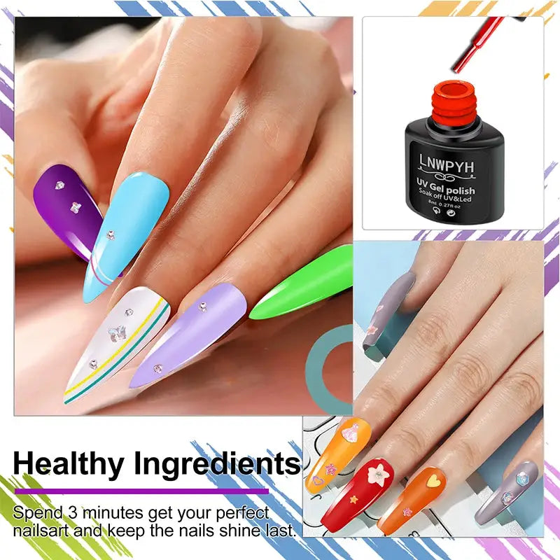 Nail gel polish kit with LED lamp, 27 colors, soak-off base and top coat for salon nails