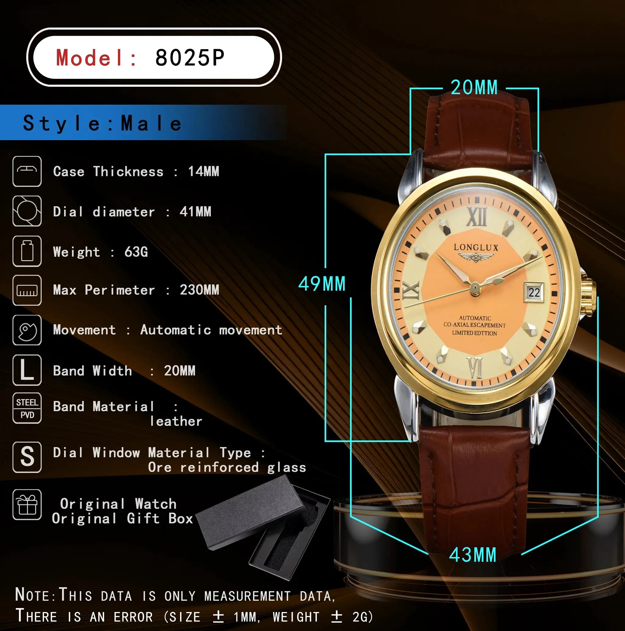 LONGLUX automatic men's watch with brown leather strap and gold-tone case