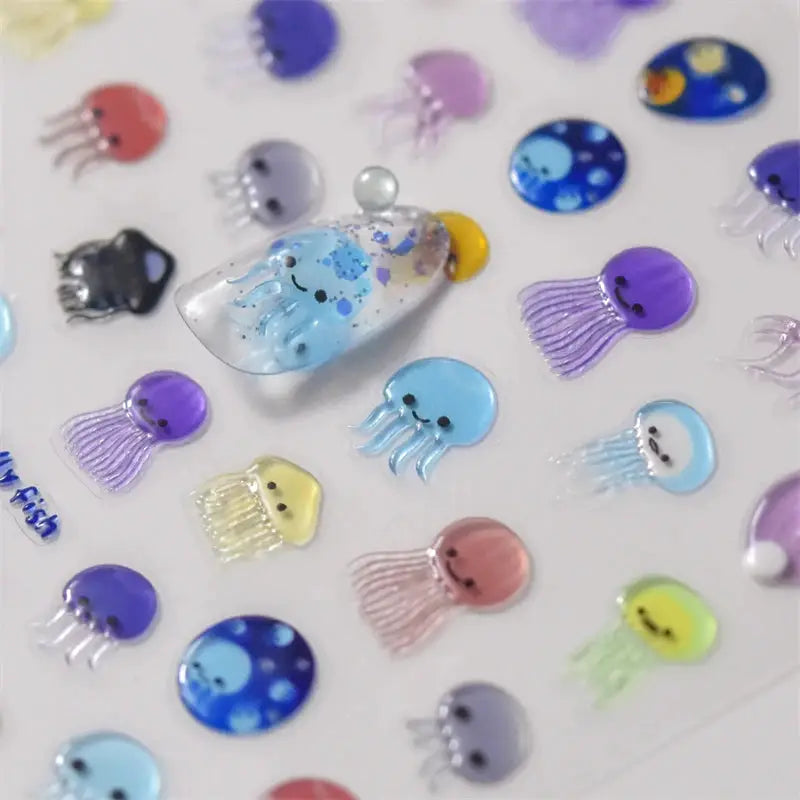 5D kawaii jellyfish nail art stickers set; self-adhesive decals for DIY cartoon manicure in pastel colors