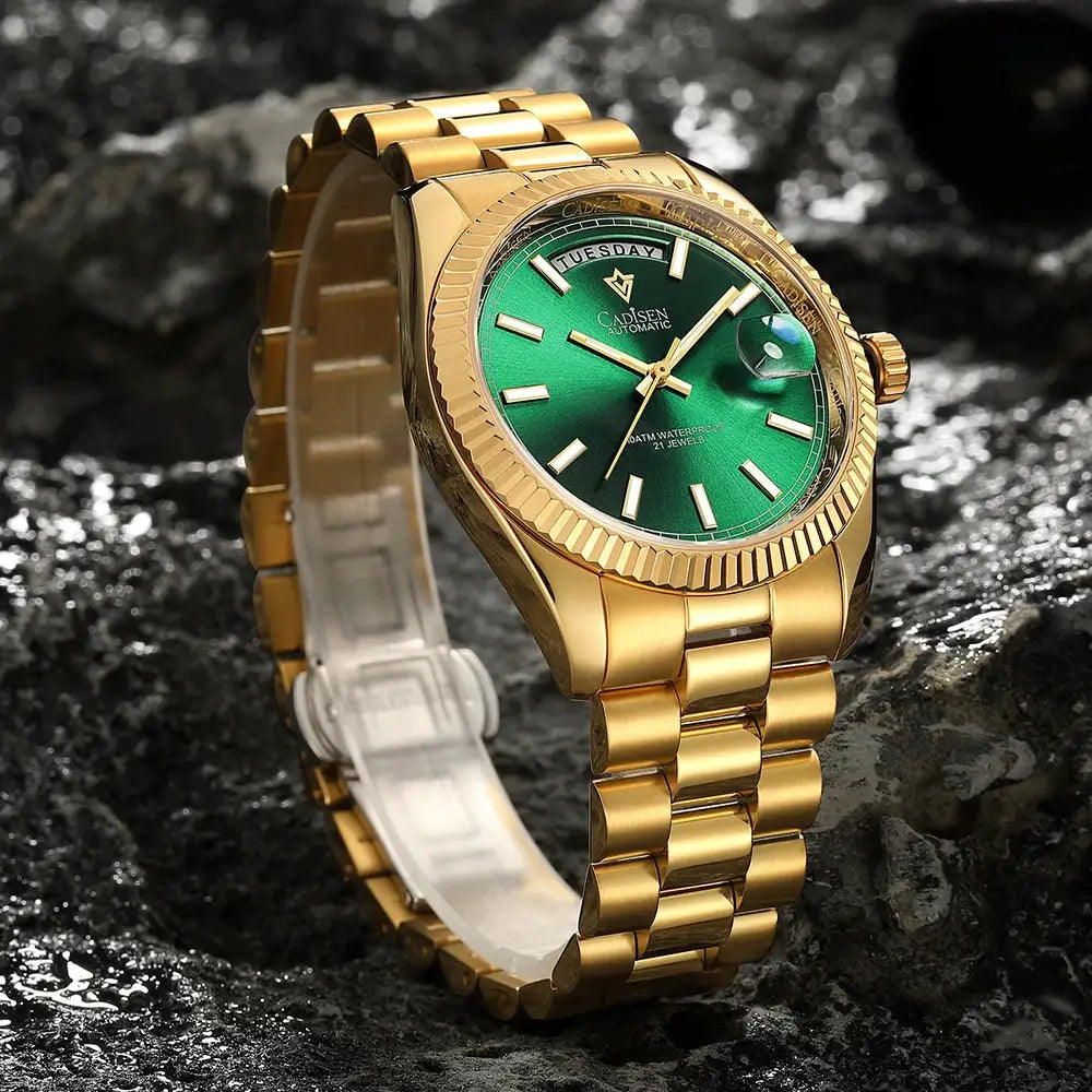 CADISEN DD40 men's luxury automatic watch with green dial and gold-tone stainless steel bracelet
