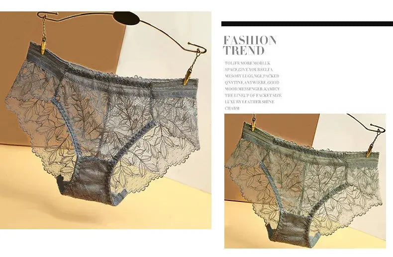 Two gray lace panties, women's low-rise briefs with floral geometric lace, hanging on display.