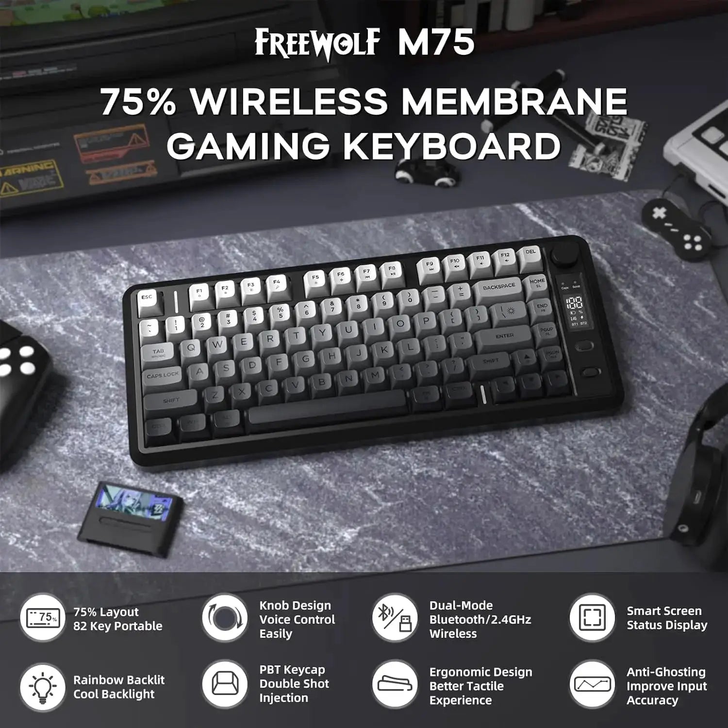 ATTACK SHARK M75 wireless membrane gaming keyboard with knob, OLED display, rainbow gradient PBT keycaps FreeWolf