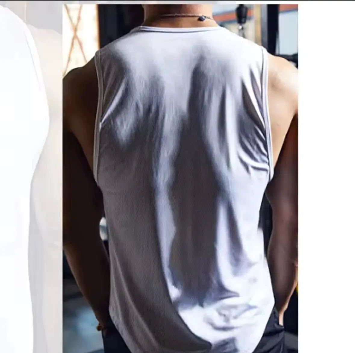 Men's mesh gym tank top, quick-dry sleeveless vest in light gray, back view