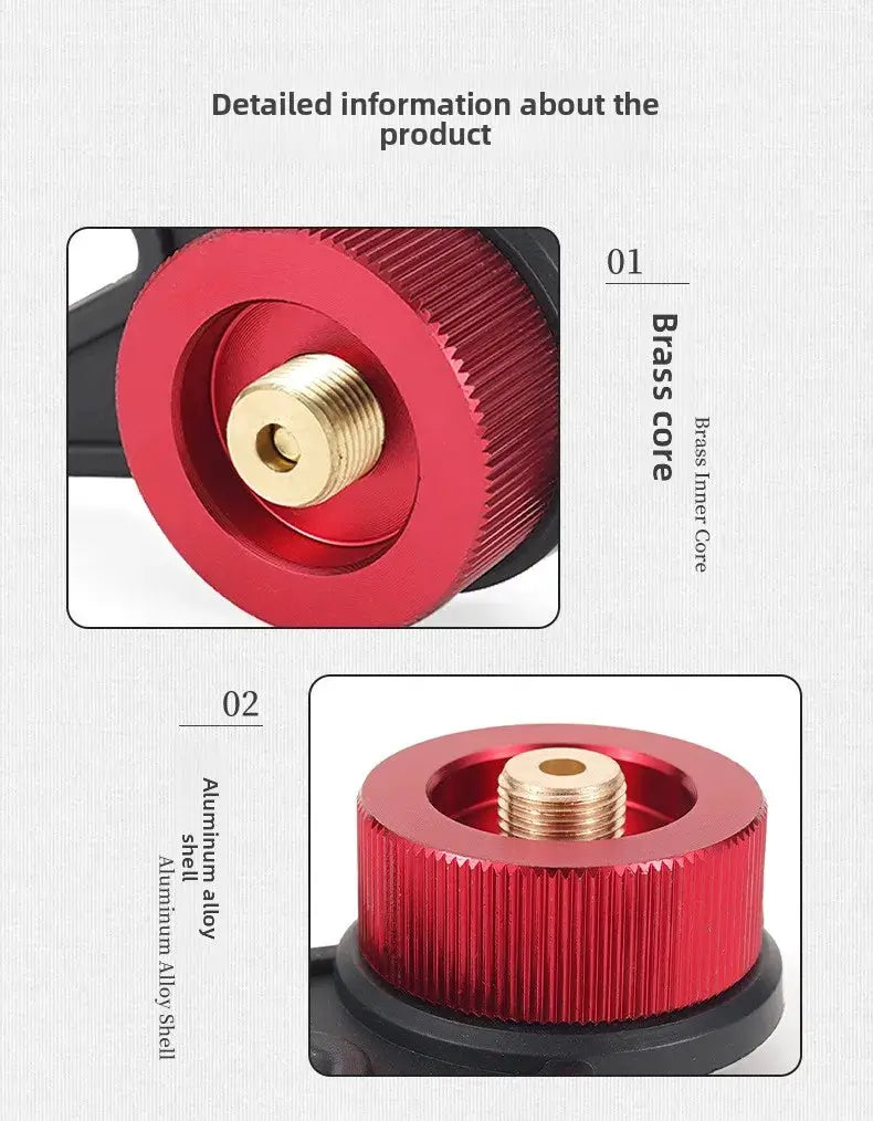 Butane adapter with bracket by Simples Market; red aluminum alloy shell with brass core.