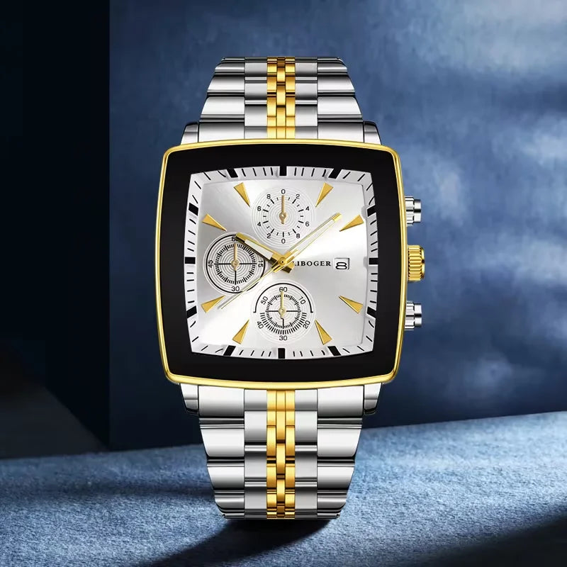 Men's two-tone stainless steel square-dial quartz wristwatch with calendar date window