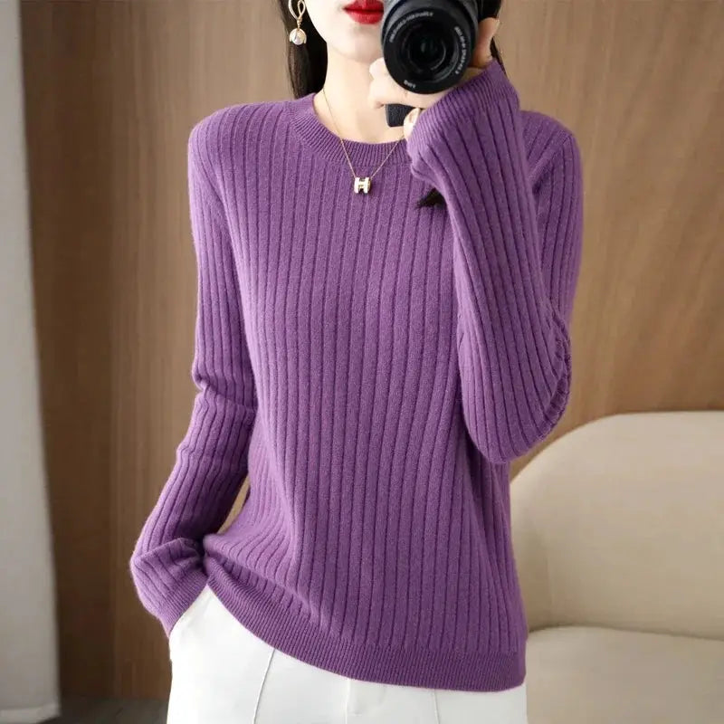 Aurora Knitwear Warm O Neck Stripe Loose Fit Sweater For Autumn Winter Layering Cozy Knit
