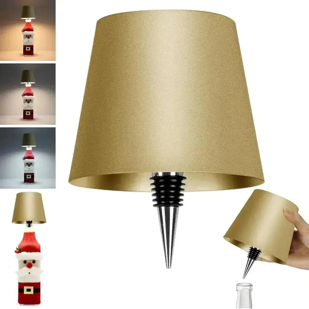 LED wireless wine bottle lamp by Simples Market with gold lampshade and spike base.