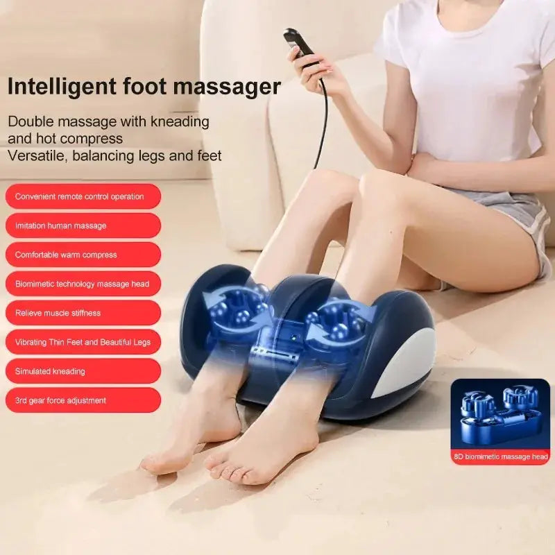 Electric foot massager by Simples Market with hot compress and shiatsu kneading rollers for calves and feet.