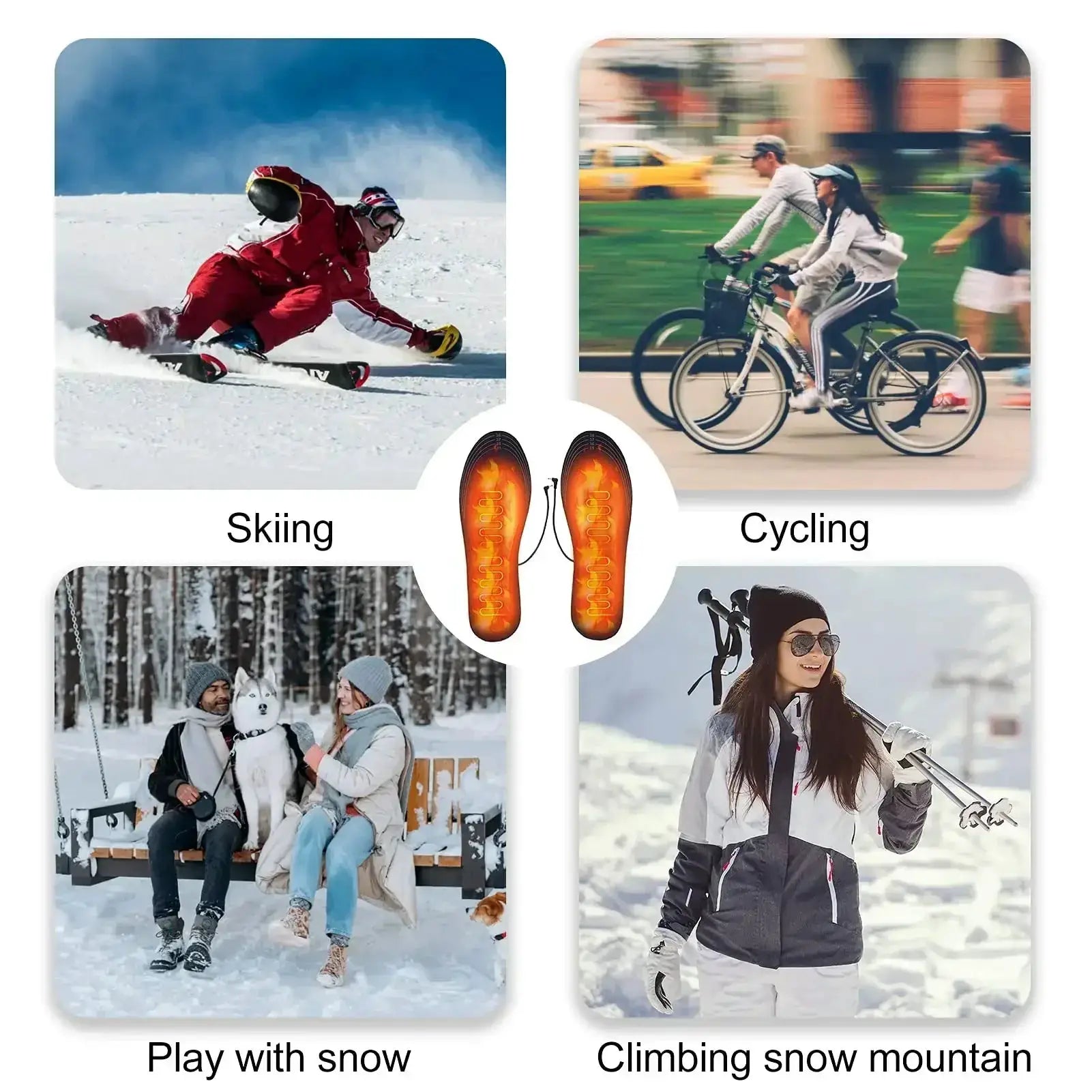 Simples Market USB heated insoles, pair of electric foot warmers with orange heating elements for winter.