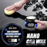 Nano car wax ceramic polishing coating by Max Auto; blue-labeled jar, hand polishing a glossy black car panel.
