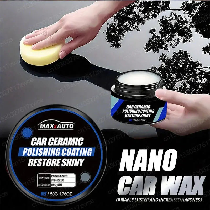 Nano car wax ceramic polishing coating by Max Auto; blue-labeled jar, hand polishing a glossy black car panel.